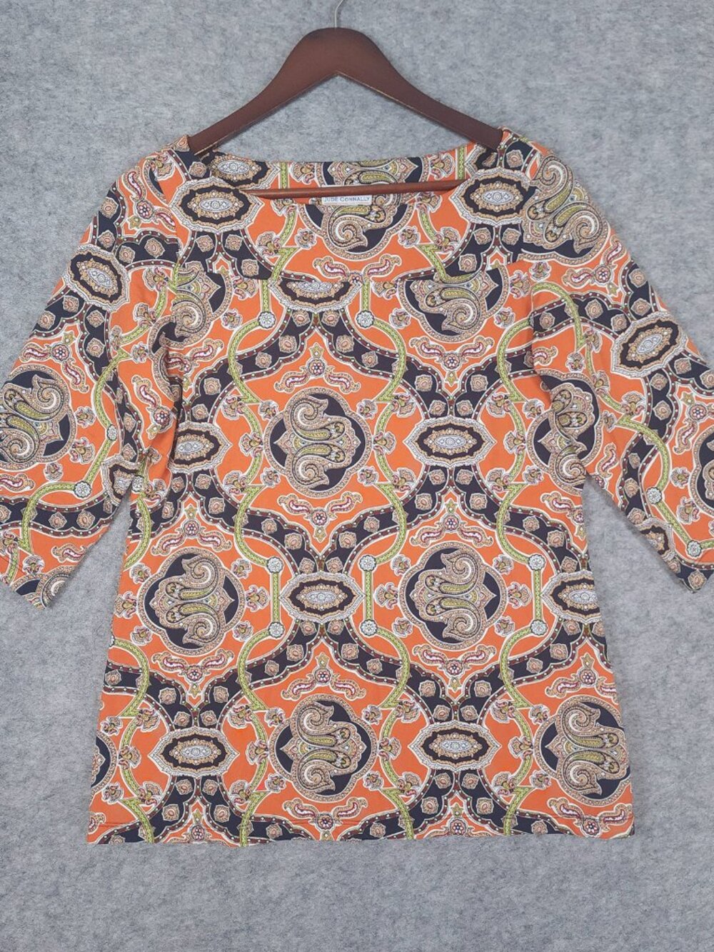 Jude Connally Womens Top Large Orange Paisley Print 3/4 Sleeve Stretch USA Made